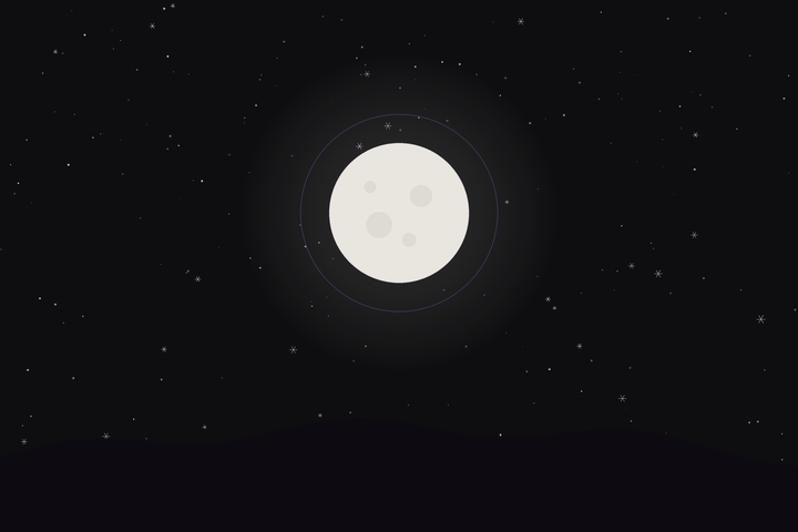 Snow Moon: a full moon over winter hills with snowflakes falling