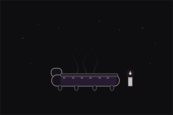 Spiritual bath: a candlelit clawfoot tub with herbs and petals floating on the water and steam rising beneath a crescent moon