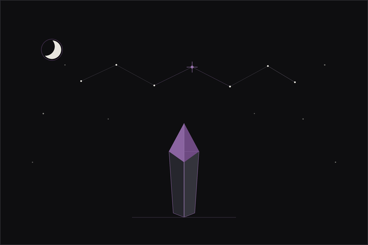 Star sign crystals: a single faceted crystal beneath a constellation of stars