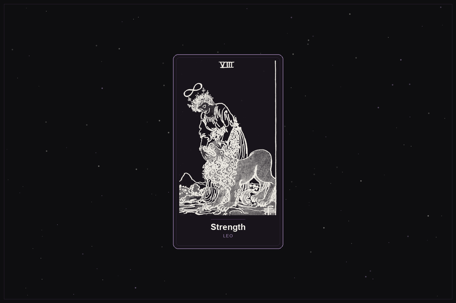 Strength tarot card in the Lunar Haus style: the classic Rider-Waite Strength card rendered as off-white outlines on a dark, starlit card with a plum frame