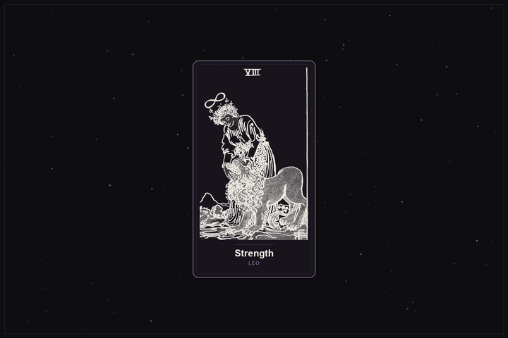Strength tarot card in the Lunar Haus style: the classic Rider-Waite Strength card rendered as off-white outlines on a dark, starlit card with a plum frame