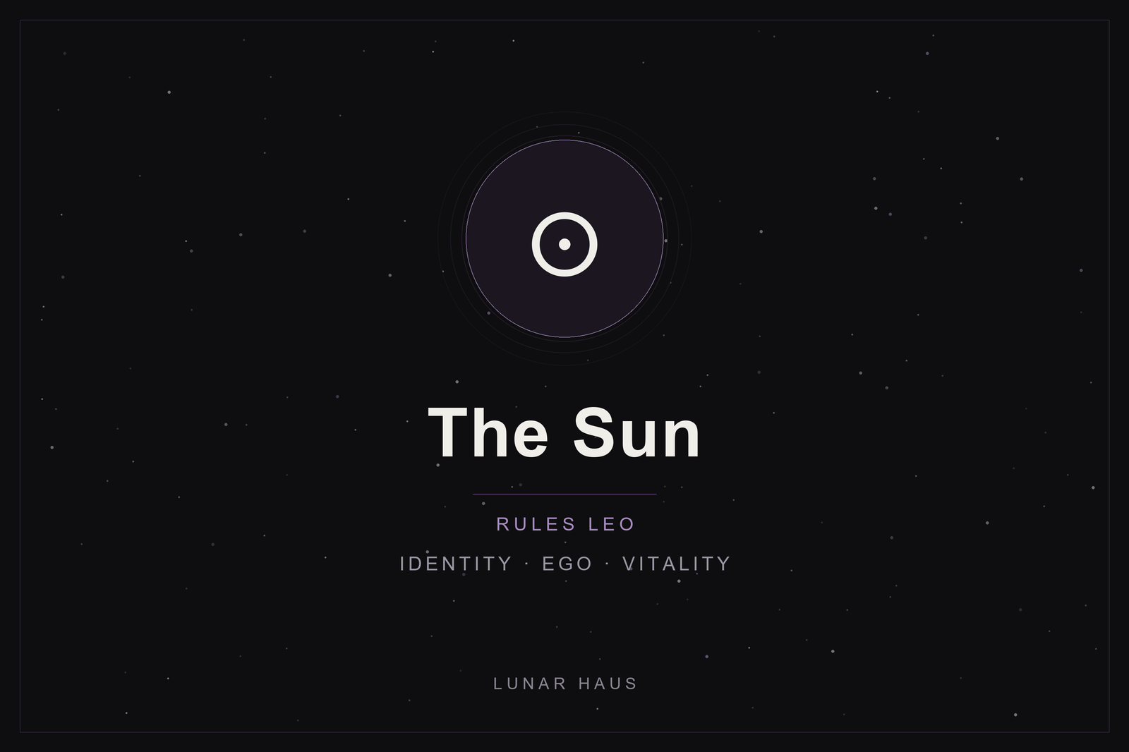 The Sun in astrology: the Sun glyph in a plum-ringed disc on a dark, starlit sky