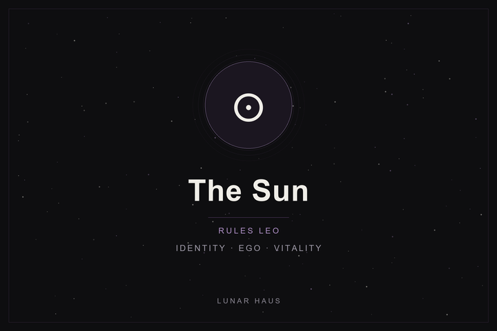 The Sun in astrology: the Sun glyph in a plum-ringed disc on a dark, starlit sky