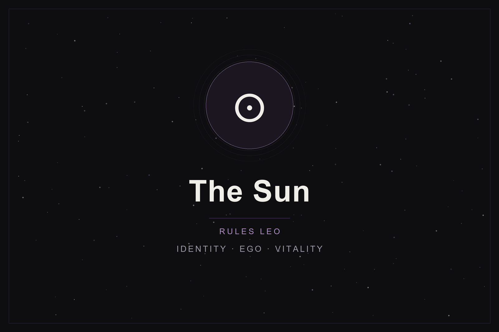 The Sun in astrology: the Sun glyph in a plum-ringed disc on a dark, starlit sky