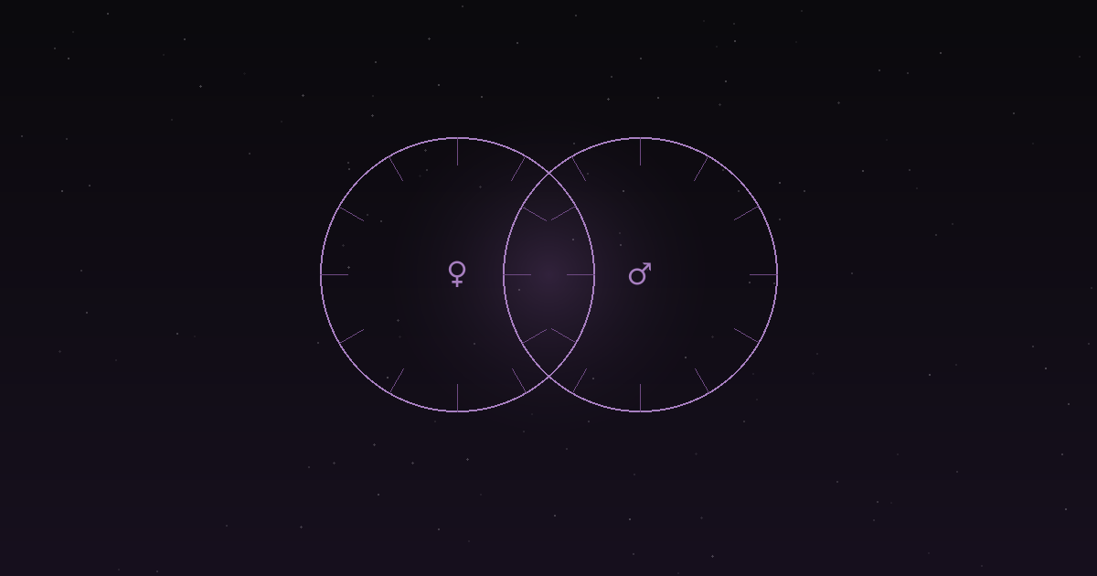 Synastry chart: two overlapping birth chart wheels, for compatibility