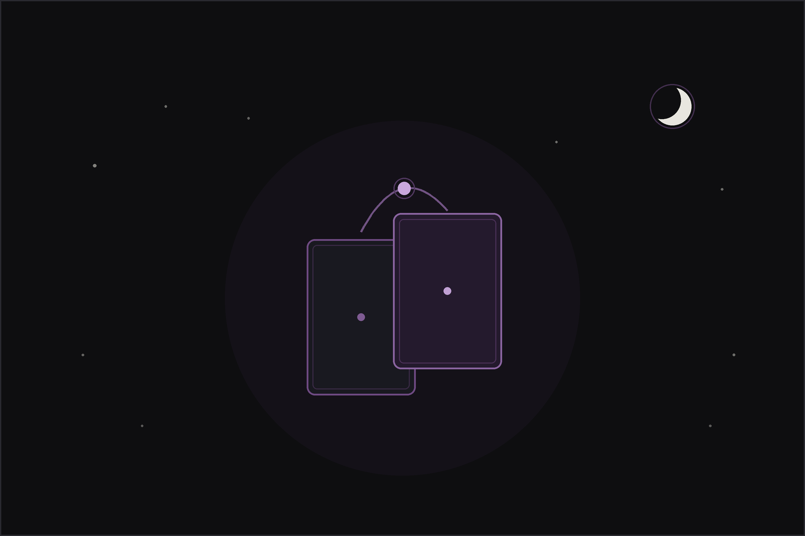 Tarot card combination meanings: two tarot cards joined by a glowing plum thread beneath a crescent moon.