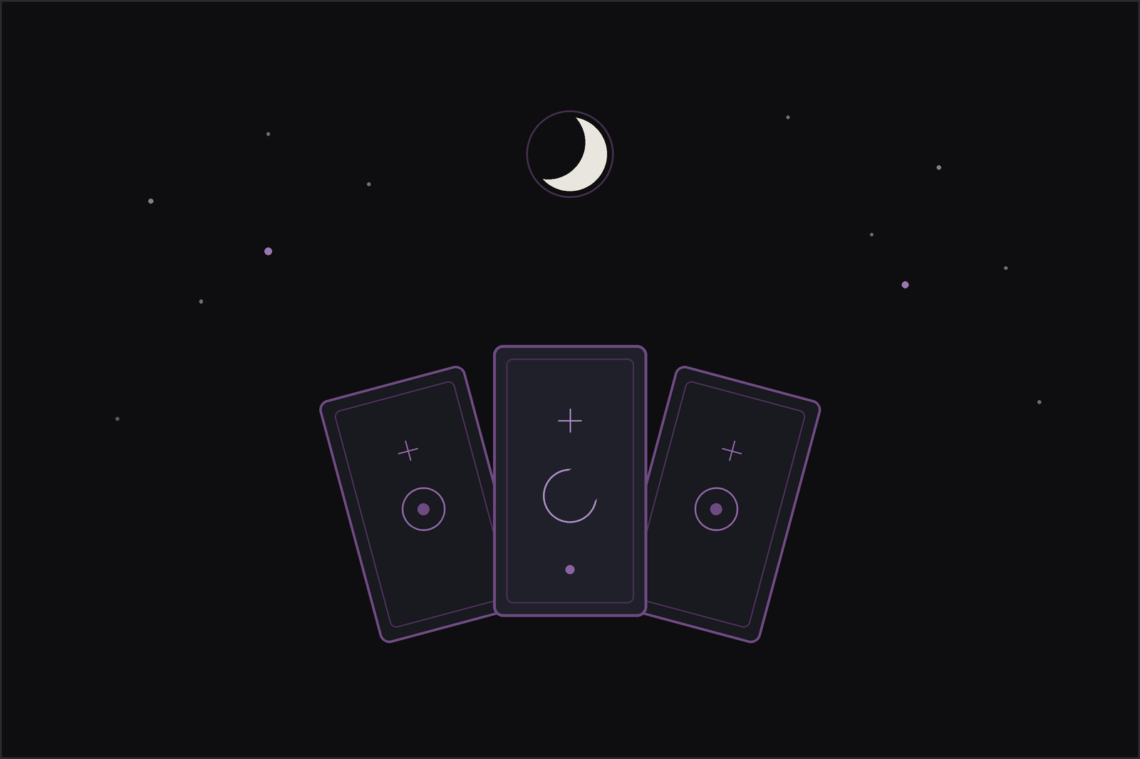 Tarot major arcana: three fanned tarot card backs beneath a crescent moon
