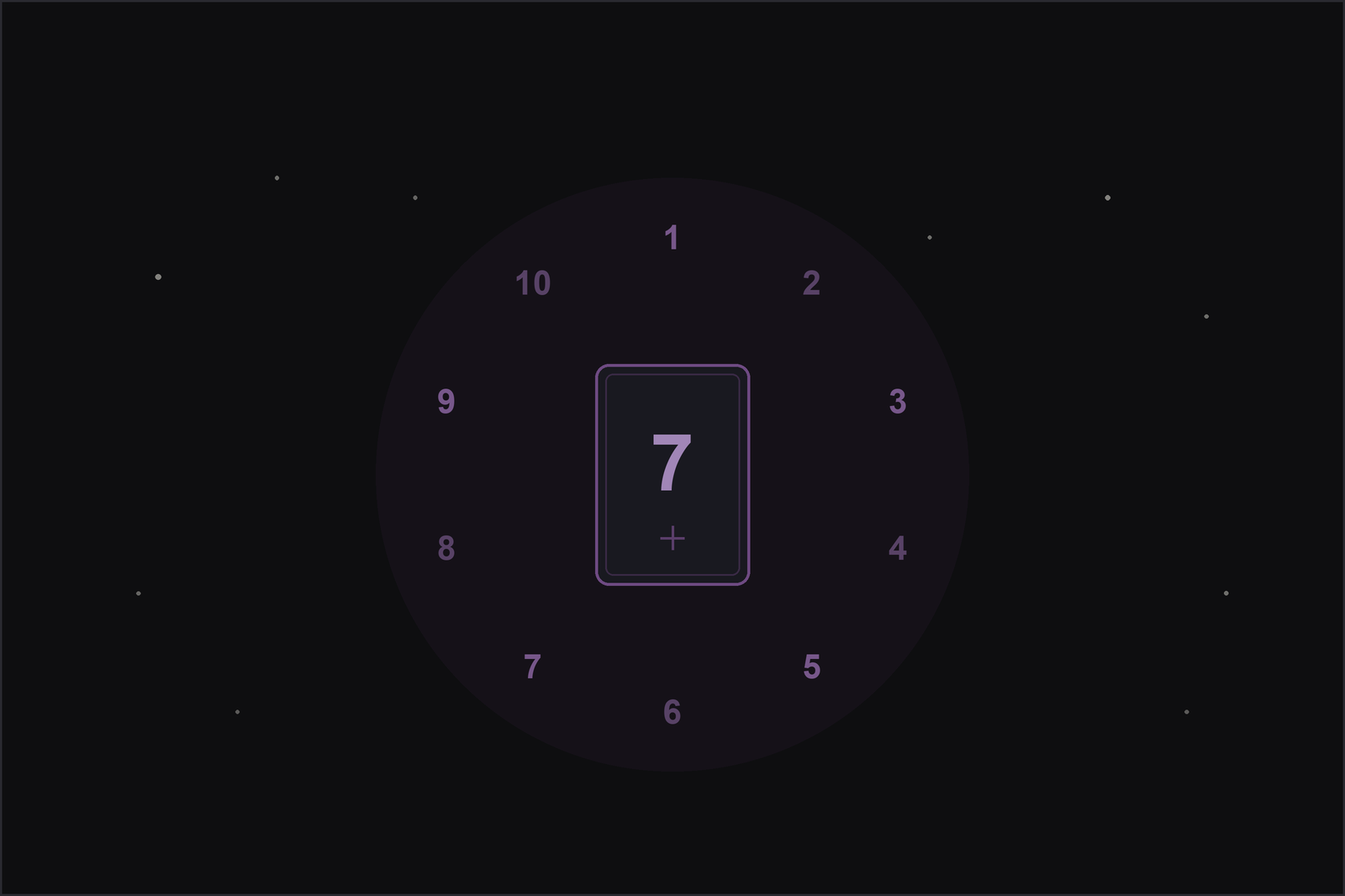 Tarot number meanings: a tarot card marked with a plum number, circled by the numbers one to ten on a starlit night sky.