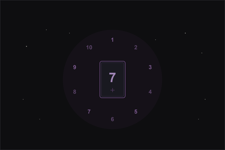 Tarot number meanings: a tarot card marked with a plum number, circled by the numbers one to ten on a starlit night sky.