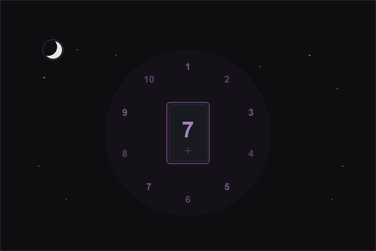 Tarot number meanings: a tarot card marked with a plum number, circled by the numbers one to ten on a starlit night sky.
