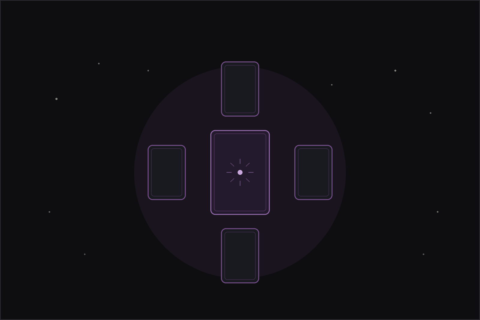 Tarot significator: a single highlighted tarot card at the centre of a small spread under a crescent moon.