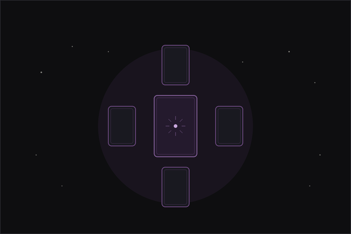Tarot significator: a single highlighted tarot card at the centre of a small spread under a crescent moon.