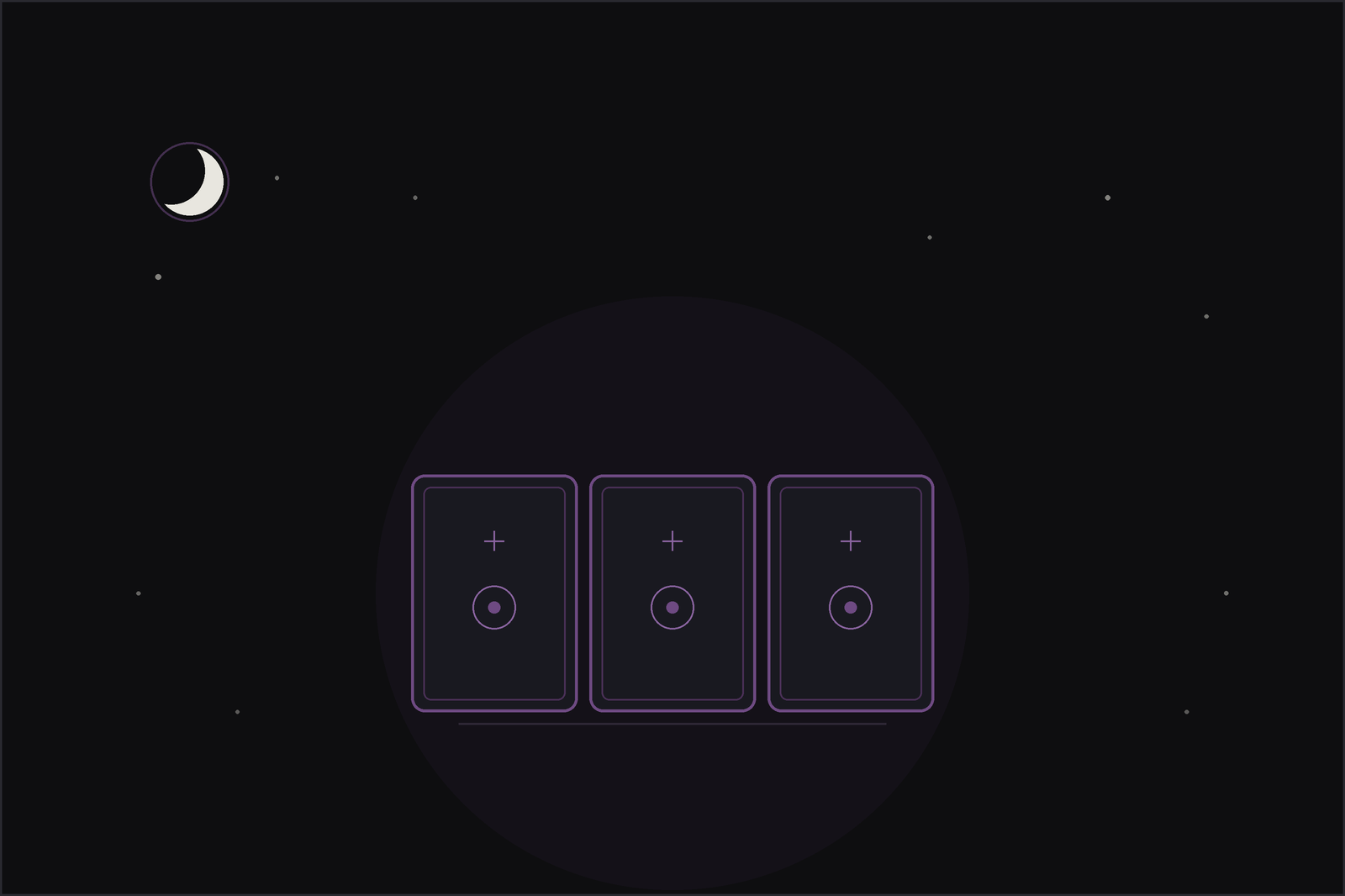 Tarot spreads for self discovery: three tarot cards laid in a row beneath a crescent moon