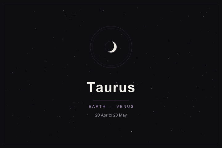 Taurus star sign: the bull's zodiac wheel and a crescent moon over a dark, starlit sky