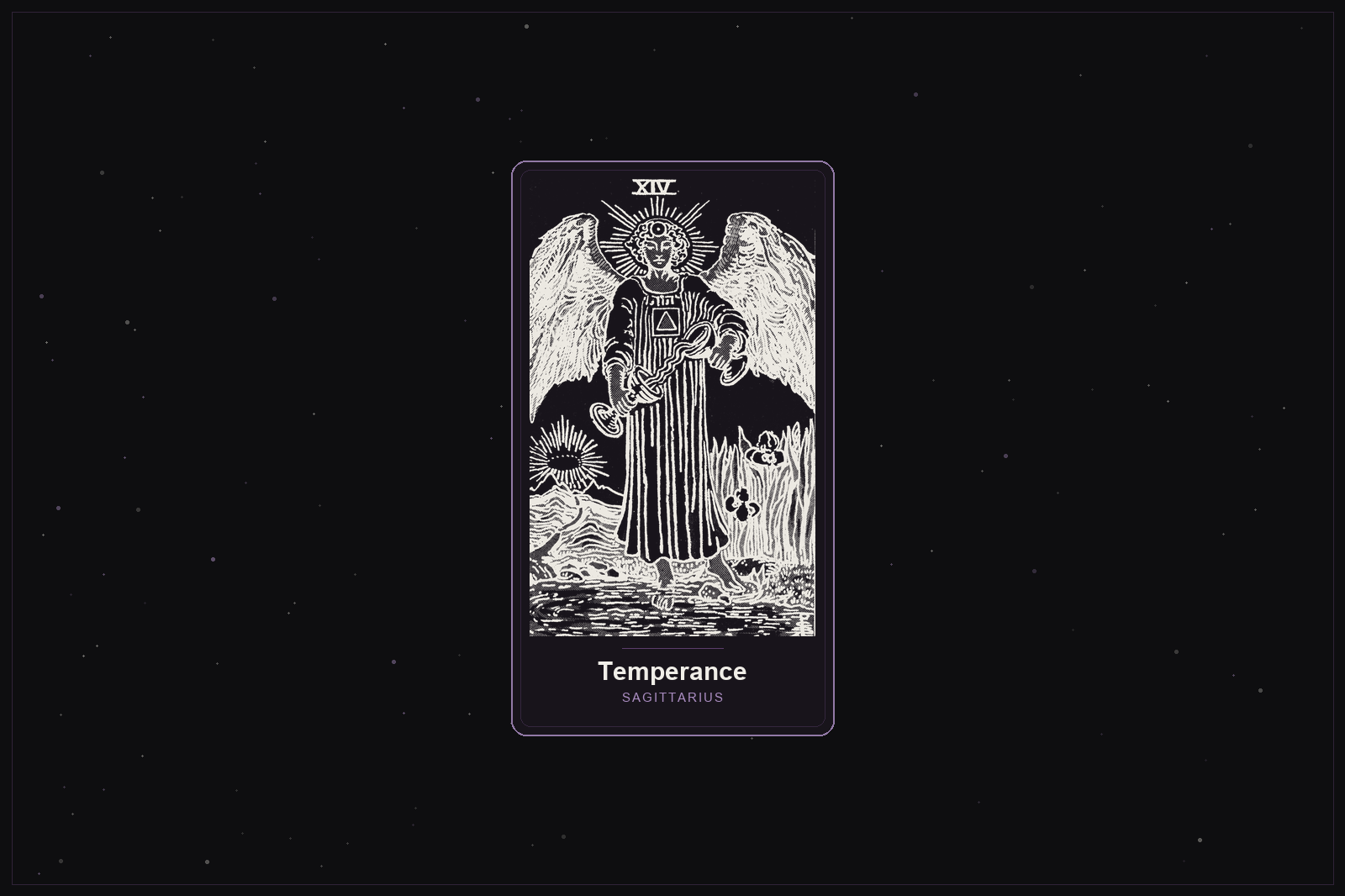 Temperance tarot card in the Lunar Haus style: the classic Rider-Waite Temperance card rendered as off-white outlines on a dark, starlit card with a plum frame