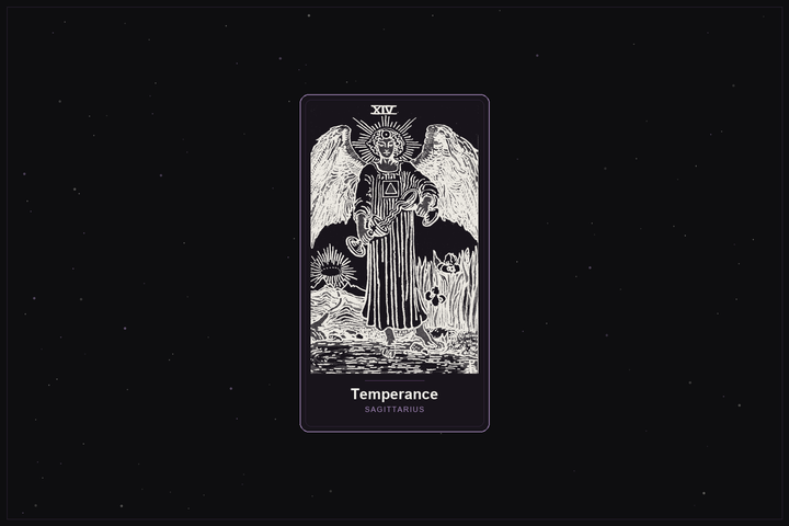 Temperance tarot card in the Lunar Haus style: the classic Rider-Waite Temperance card rendered as off-white outlines on a dark, starlit card with a plum frame