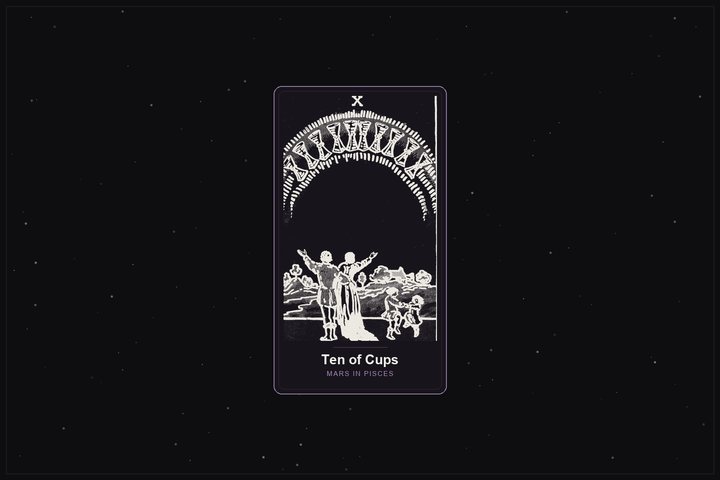 Ten of Cups tarot card in the Lunar Haus style: the classic Rider-Waite Ten of Cups, a family beneath a rainbow of cups, rendered as off-white outlines on a dark, starlit card with a plum frame