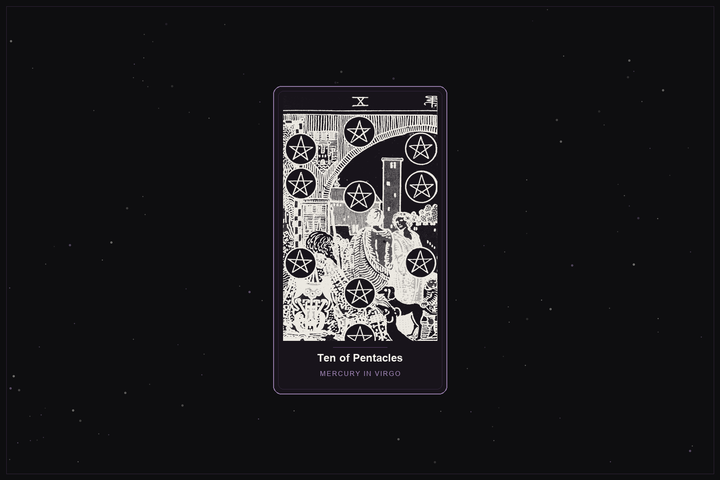 Ten of Pentacles tarot card in the Lunar Haus style: the classic Rider-Waite Ten of Pentacles, a family scene beneath an archway, rendered as off-white outlines on a dark, starlit card with a plum frame