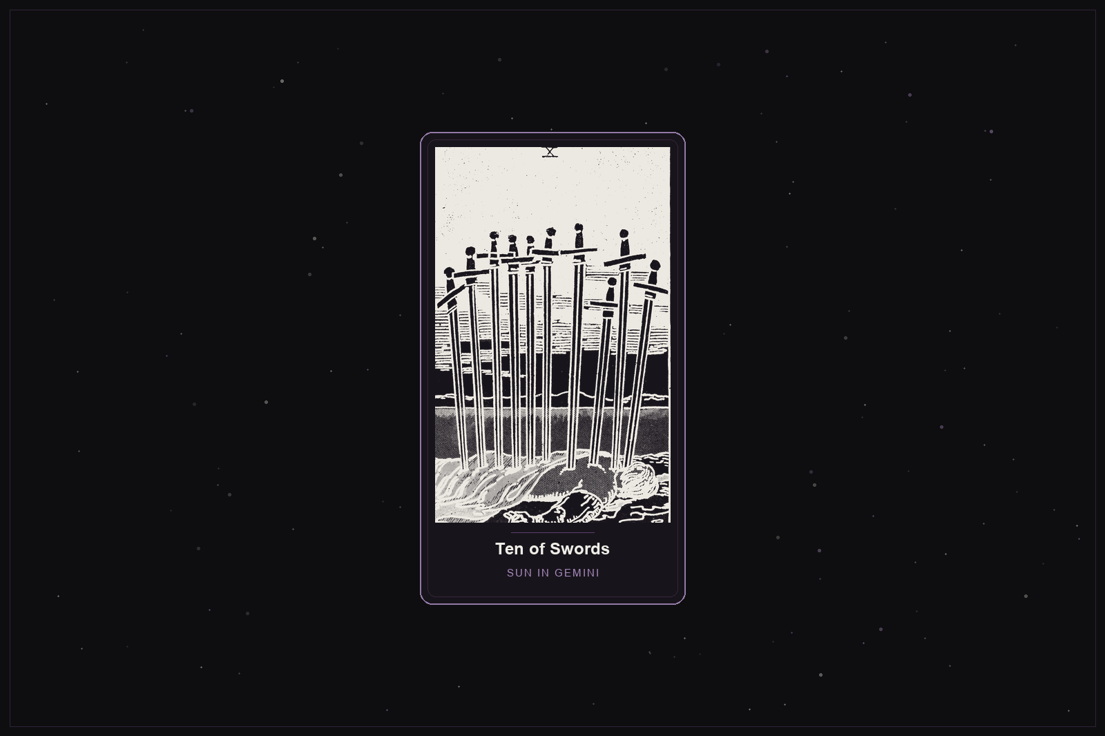 Ten of Swords tarot card in the Lunar Haus style: the classic Rider-Waite Ten of Swords, a figure beneath ten swords with dawn breaking, rendered as off-white outlines on a dark, starlit card with a plum frame