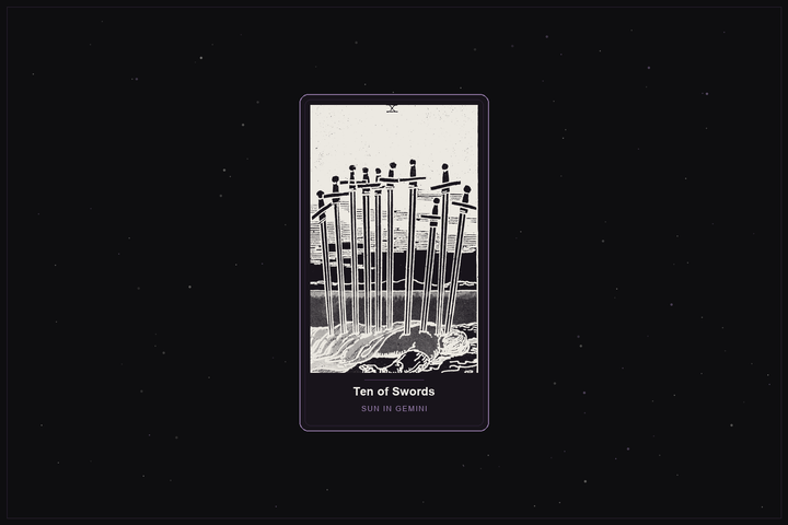 Ten of Swords tarot card in the Lunar Haus style: the classic Rider-Waite Ten of Swords, a figure beneath ten swords with dawn breaking, rendered as off-white outlines on a dark, starlit card with a plum frame