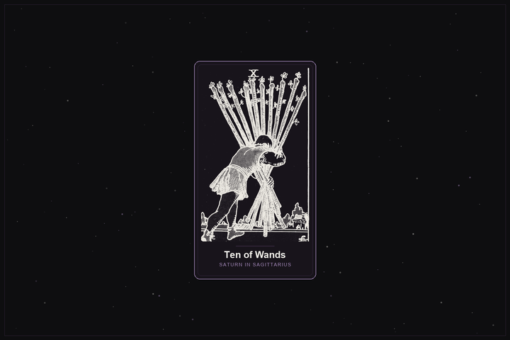 Ten of Wands tarot card in the Lunar Haus style: the classic Rider-Waite Ten of Wands, a figure carrying ten heavy staves, rendered as off-white outlines on a dark, starlit card with a plum frame