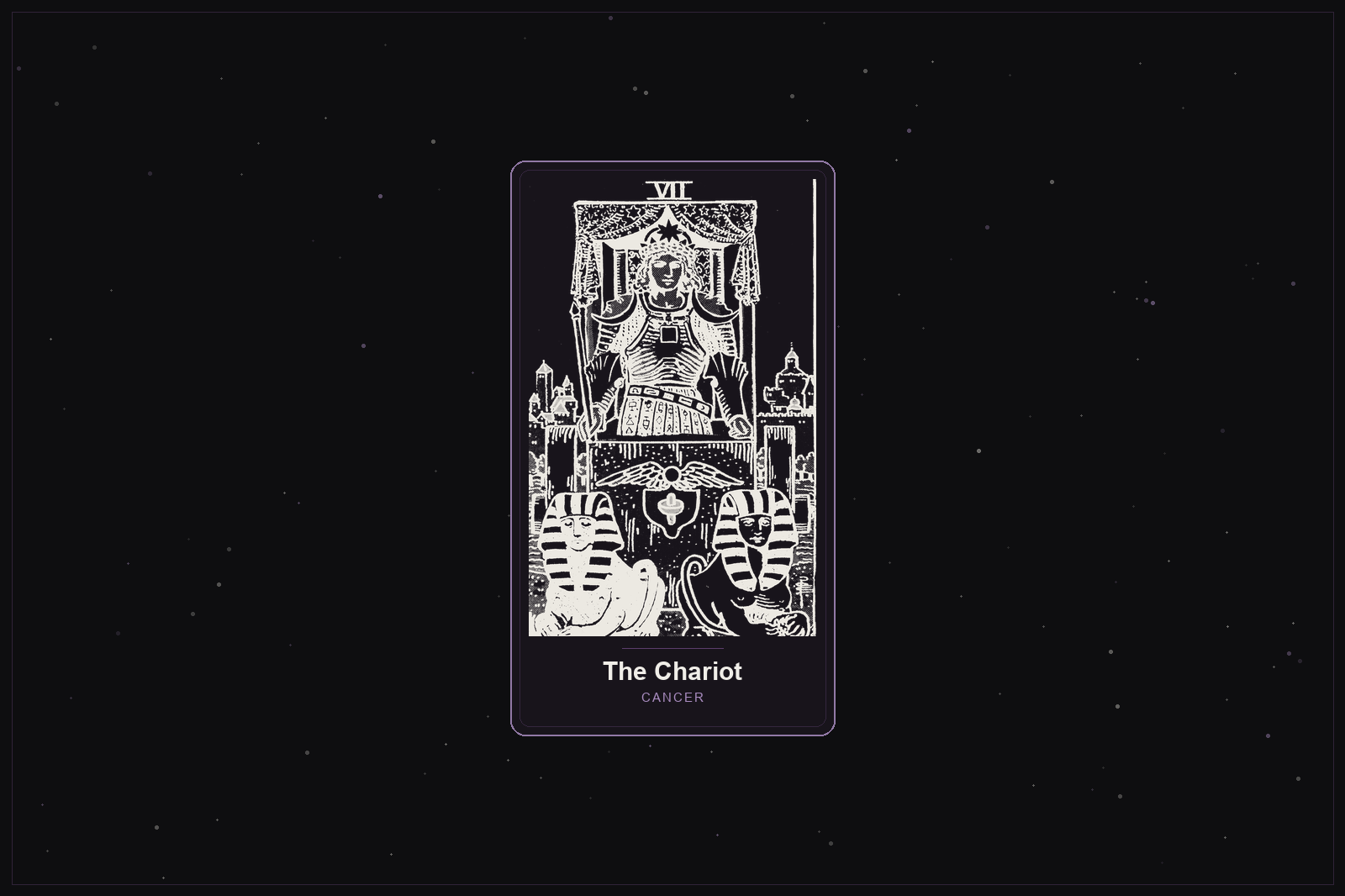 The Chariot tarot card in the Lunar Haus style: the classic Rider-Waite Chariot rendered as off-white outlines on a dark, starlit card with a plum frame