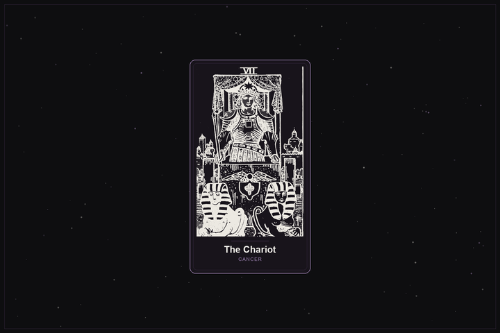 The Chariot tarot card in the Lunar Haus style: the classic Rider-Waite Chariot rendered as off-white outlines on a dark, starlit card with a plum frame