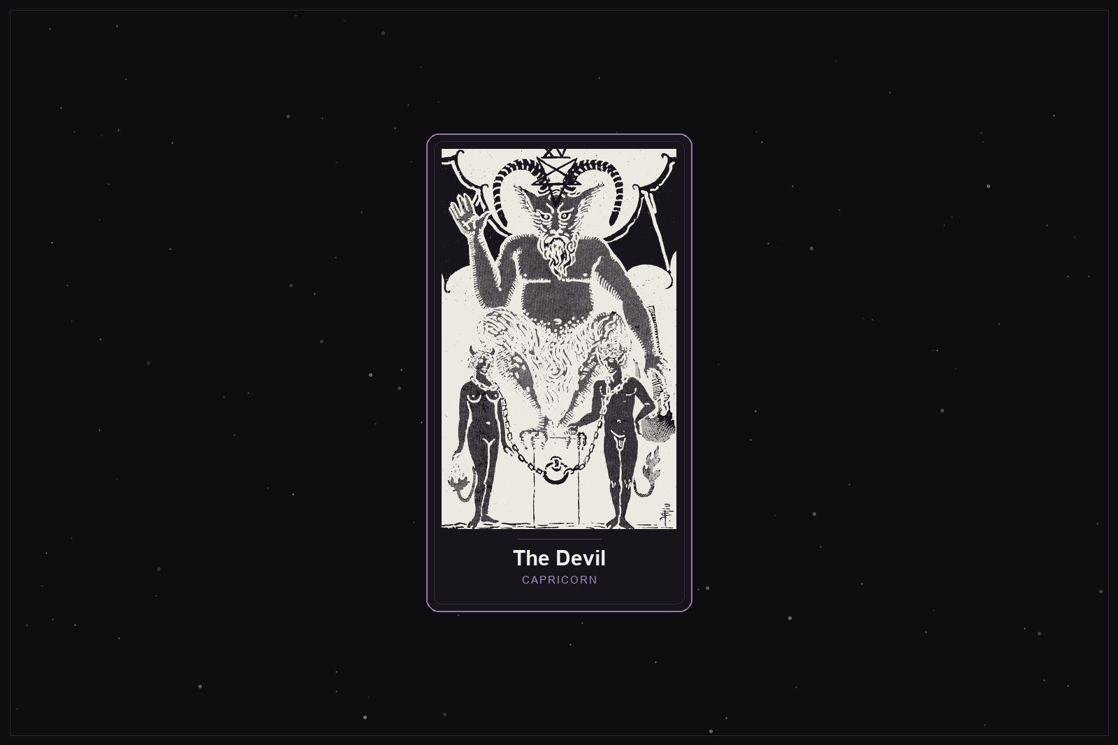 The Devil tarot card in the Lunar Haus style: the classic Rider-Waite Devil rendered as off-white outlines on a dark, starlit card with a plum frame