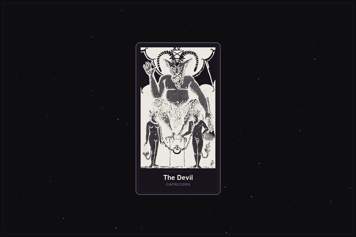 The Devil tarot card in the Lunar Haus style: the classic Rider-Waite Devil rendered as off-white outlines on a dark, starlit card with a plum frame