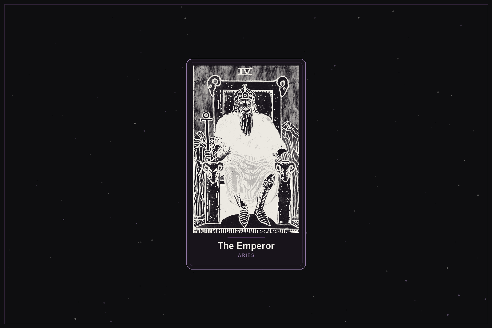 The Emperor tarot card in the Lunar Haus style: the classic Rider-Waite Emperor rendered as off-white outlines on a dark, starlit card with a plum frame