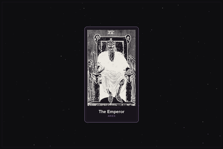 The Emperor tarot card in the Lunar Haus style: the classic Rider-Waite Emperor rendered as off-white outlines on a dark, starlit card with a plum frame