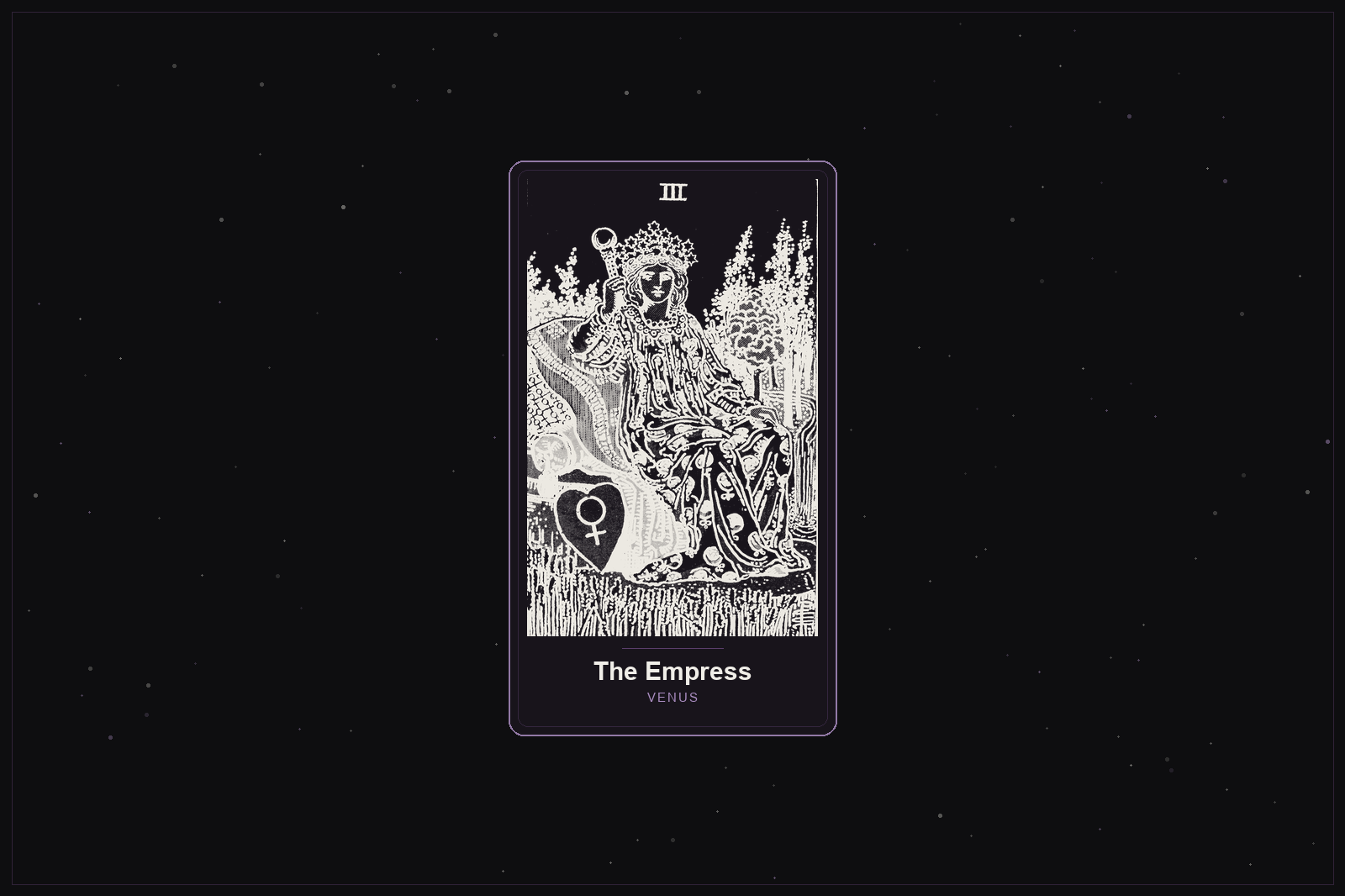 The Empress tarot card in the Lunar Haus style: the classic Rider-Waite Empress rendered as off-white outlines on a dark, starlit card with a plum frame