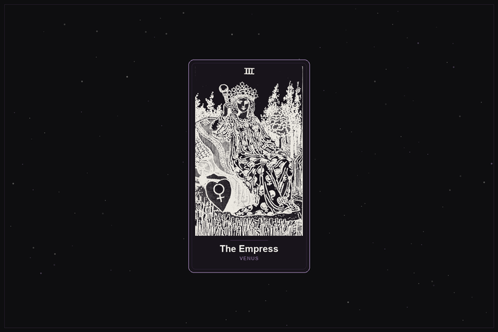 The Empress tarot card in the Lunar Haus style: the classic Rider-Waite Empress rendered as off-white outlines on a dark, starlit card with a plum frame