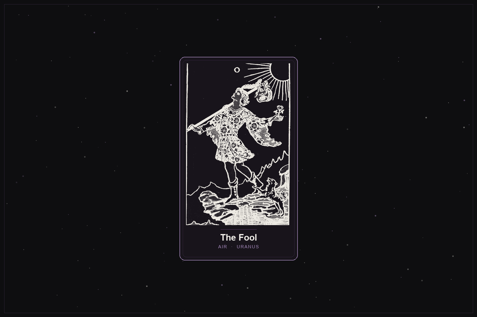 The Fool tarot card in the Lunar Haus style: the classic Rider-Waite Fool illustration rendered as off-white outlines on a dark, starlit card with a plum frame