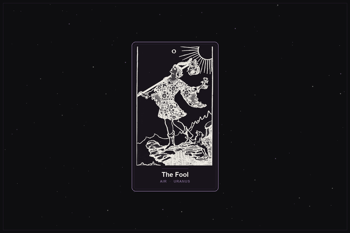 The Fool tarot card in the Lunar Haus style: the classic Rider-Waite Fool illustration rendered as off-white outlines on a dark, starlit card with a plum frame