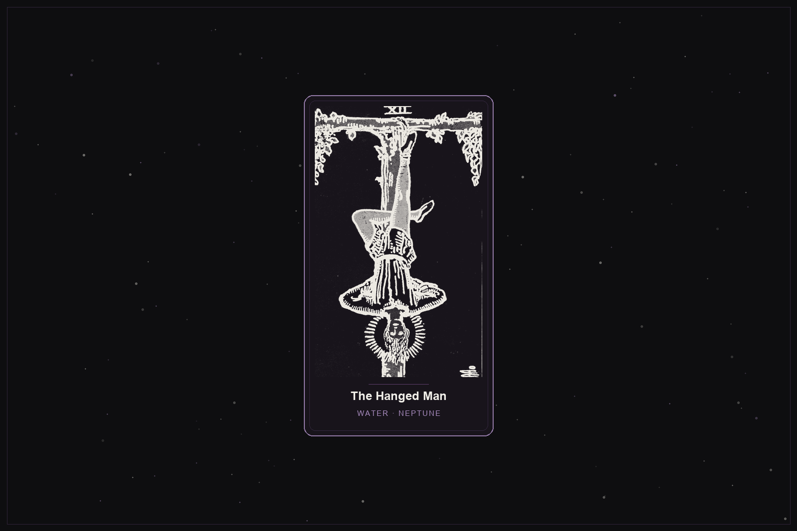 The Hanged Man tarot card in the Lunar Haus style: the classic Rider-Waite Hanged Man rendered as off-white outlines on a dark, starlit card with a plum frame