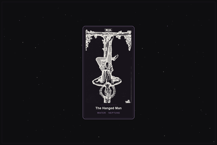 The Hanged Man tarot card in the Lunar Haus style: the classic Rider-Waite Hanged Man rendered as off-white outlines on a dark, starlit card with a plum frame