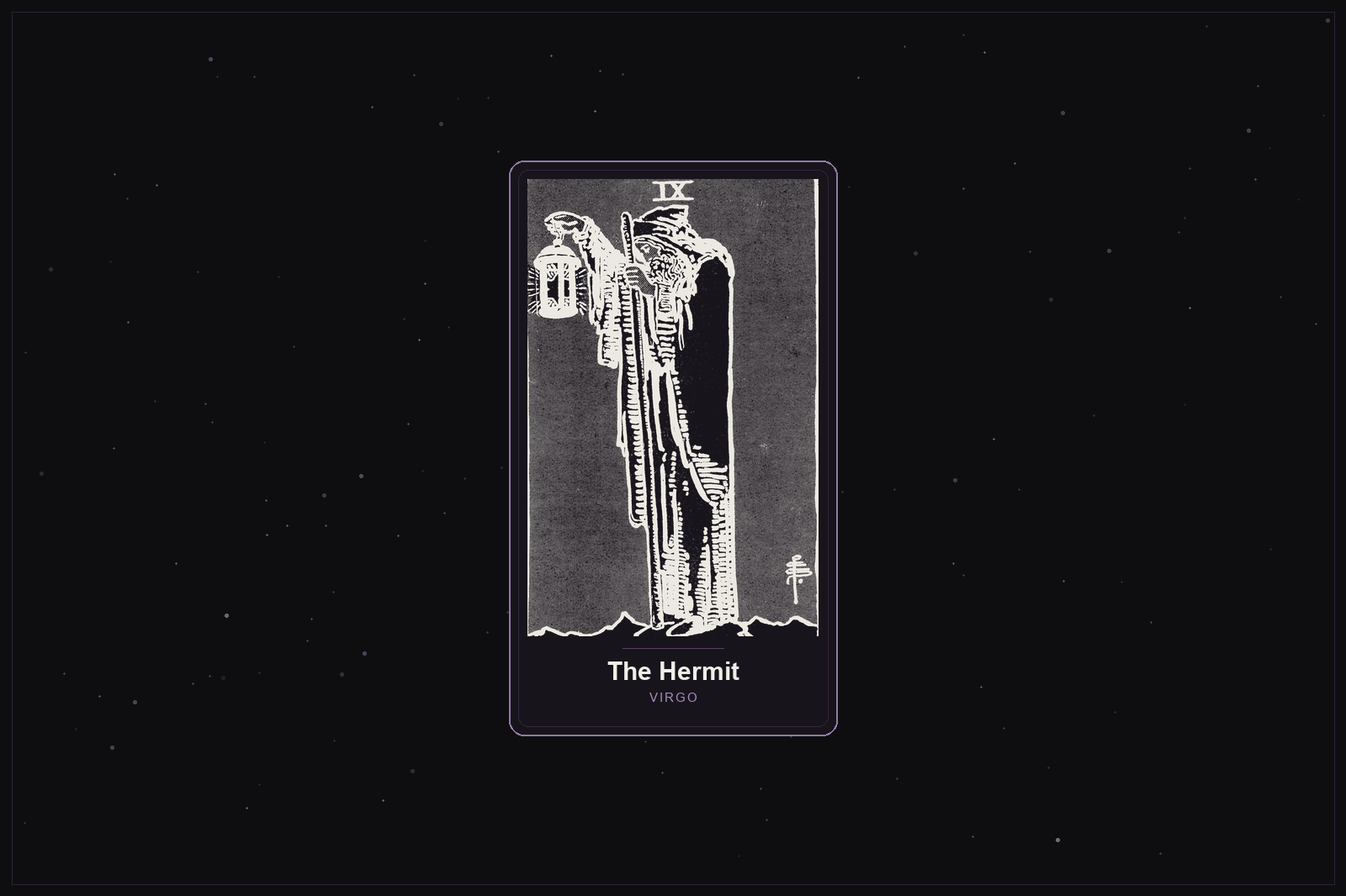 The Hermit tarot card in the Lunar Haus style: the classic Rider-Waite Hermit rendered as off-white outlines on a dark, starlit card with a plum frame