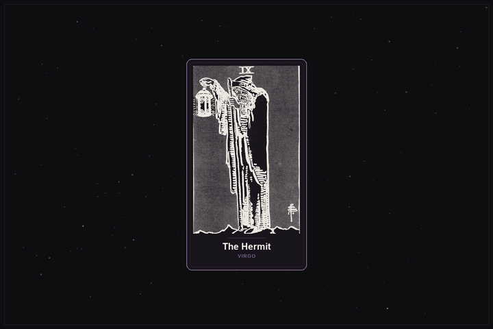 The Hermit tarot card in the Lunar Haus style: the classic Rider-Waite Hermit rendered as off-white outlines on a dark, starlit card with a plum frame