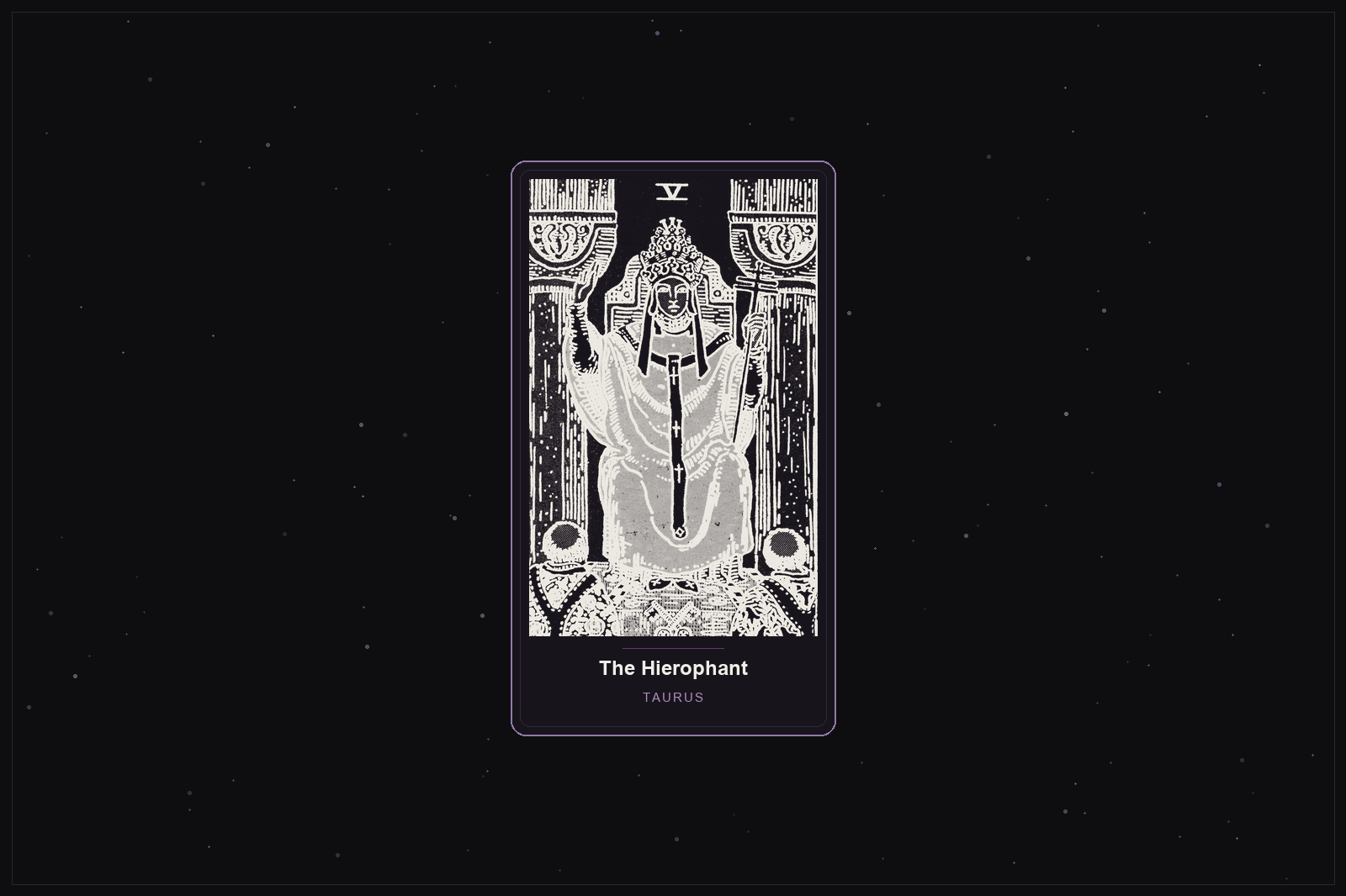 The Hierophant tarot card in the Lunar Haus style: the classic Rider-Waite Hierophant rendered as off-white outlines on a dark, starlit card with a plum frame