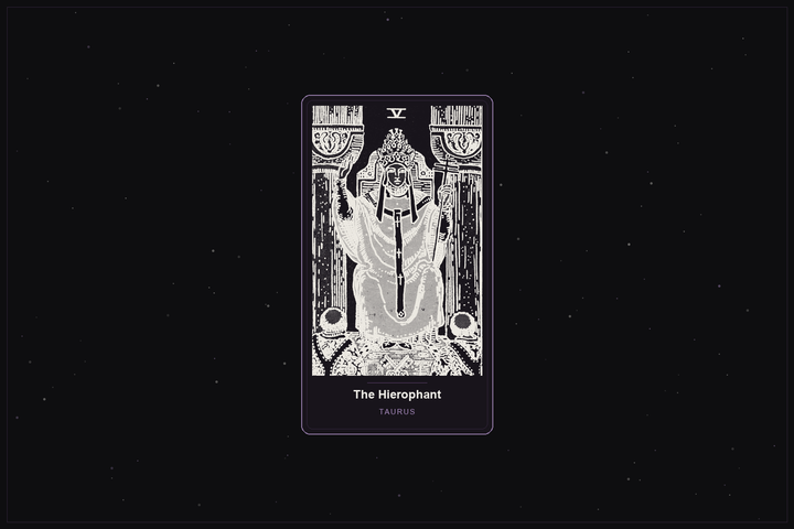 The Hierophant tarot card in the Lunar Haus style: the classic Rider-Waite Hierophant rendered as off-white outlines on a dark, starlit card with a plum frame