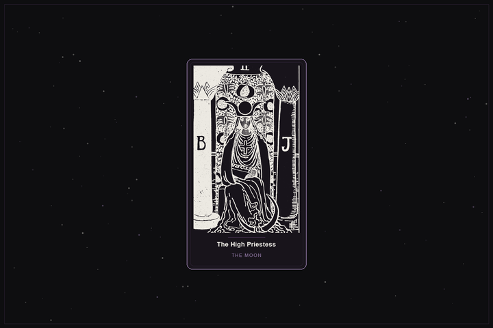 The High Priestess tarot card in the Lunar Haus style: the classic Rider-Waite High Priestess rendered as off-white outlines on a dark, starlit card with a plum frame