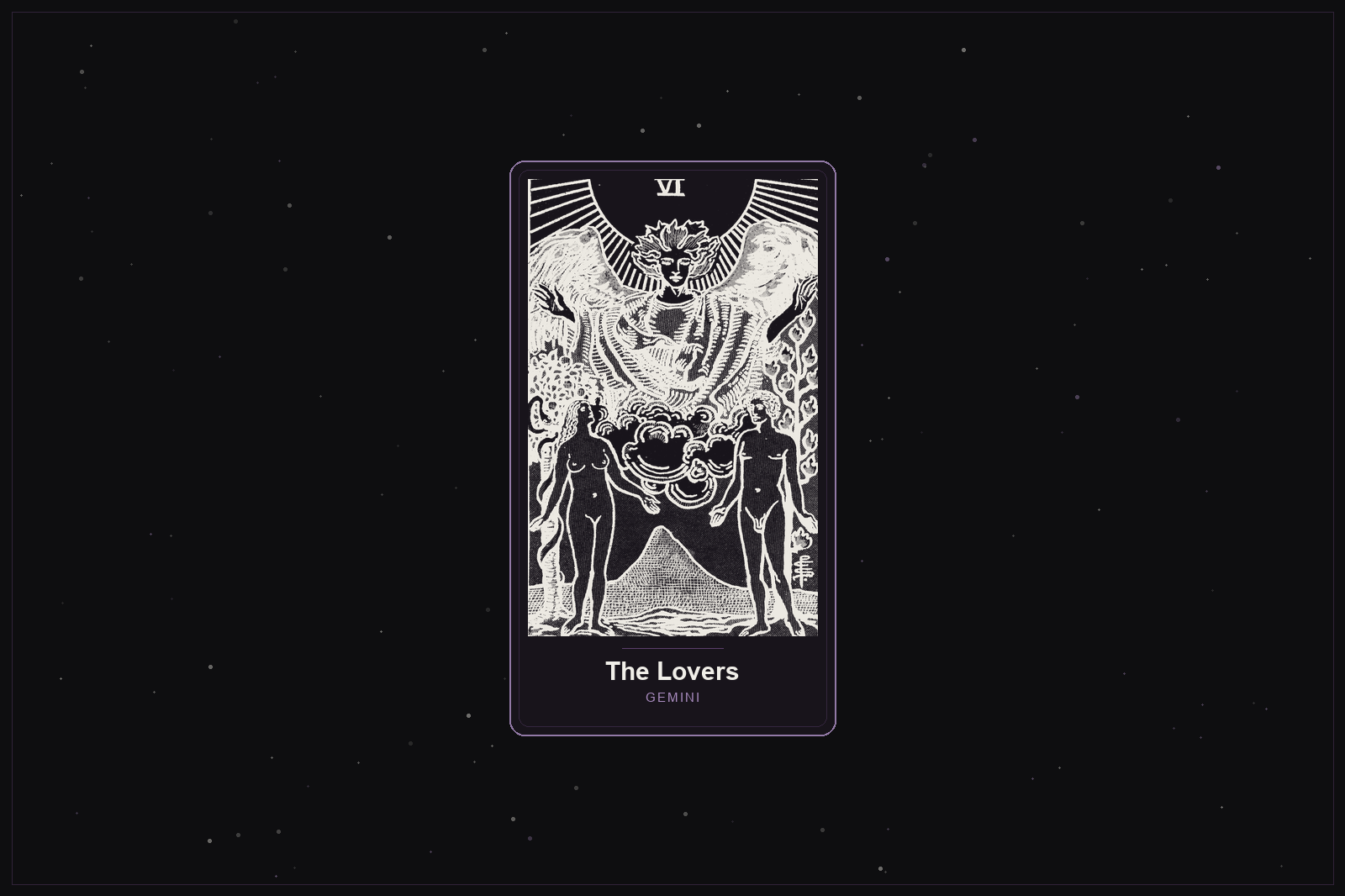 The Lovers tarot card in the Lunar Haus style: the classic Rider-Waite Lovers rendered as off-white outlines on a dark, starlit card with a plum frame