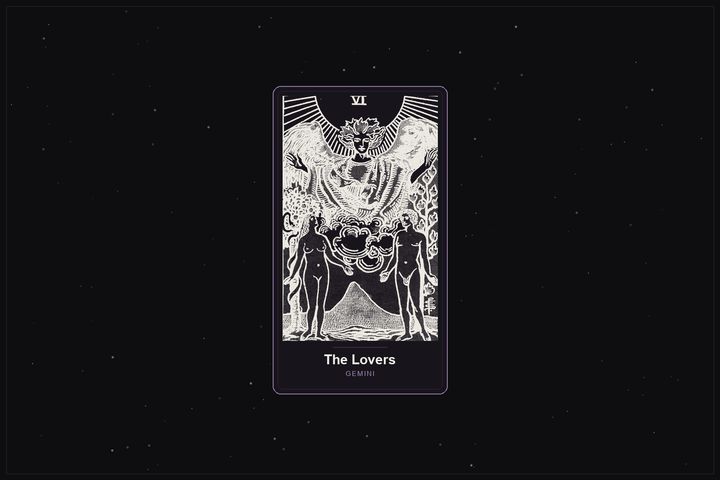 The Lovers tarot card in the Lunar Haus style: the classic Rider-Waite Lovers rendered as off-white outlines on a dark, starlit card with a plum frame