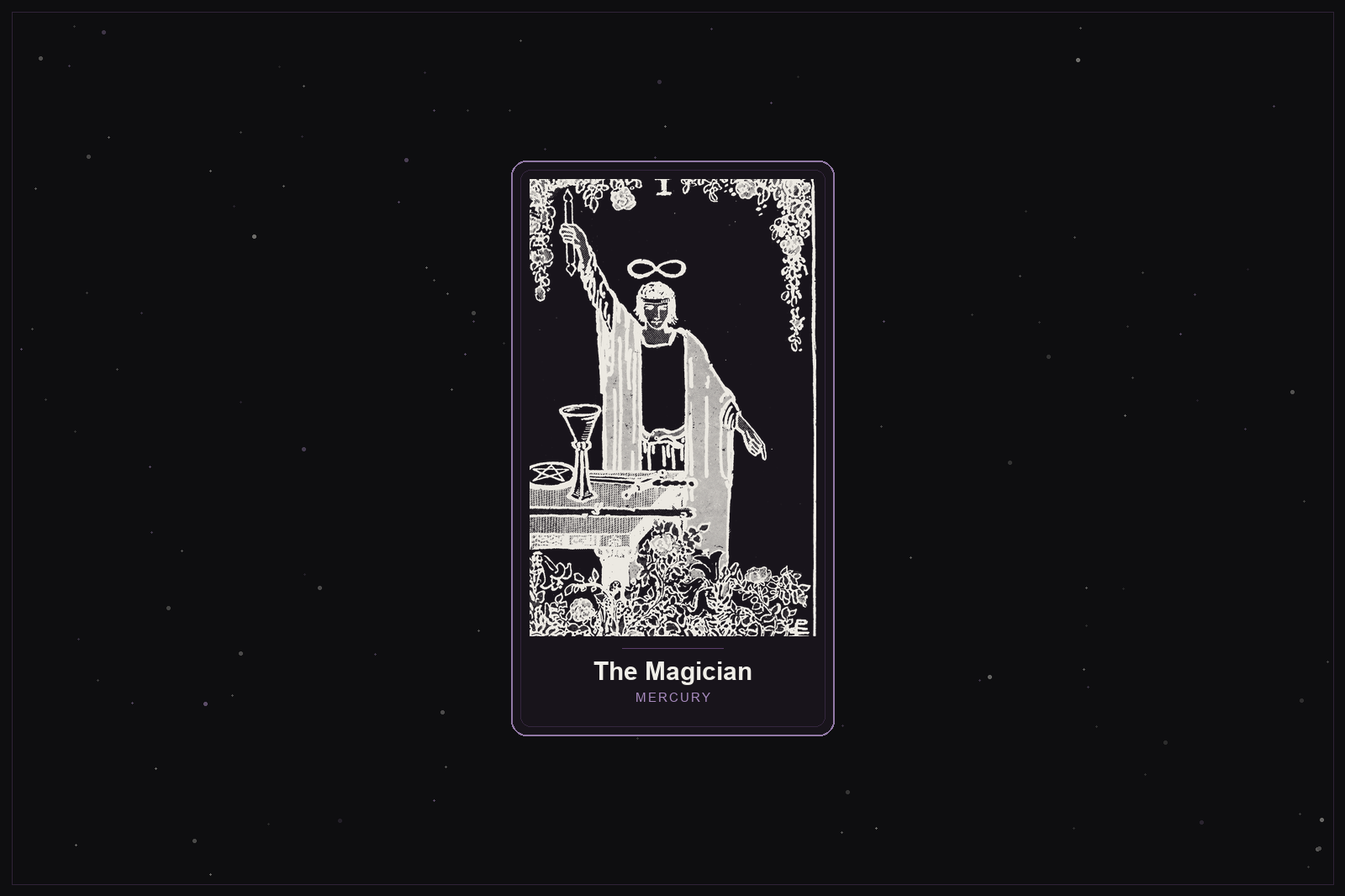 The Magician tarot card in the Lunar Haus style: the classic Rider-Waite Magician rendered as off-white outlines on a dark, starlit card with a plum frame