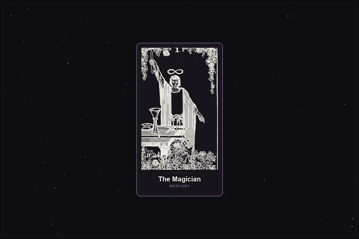 The Magician tarot card in the Lunar Haus style: the classic Rider-Waite Magician rendered as off-white outlines on a dark, starlit card with a plum frame