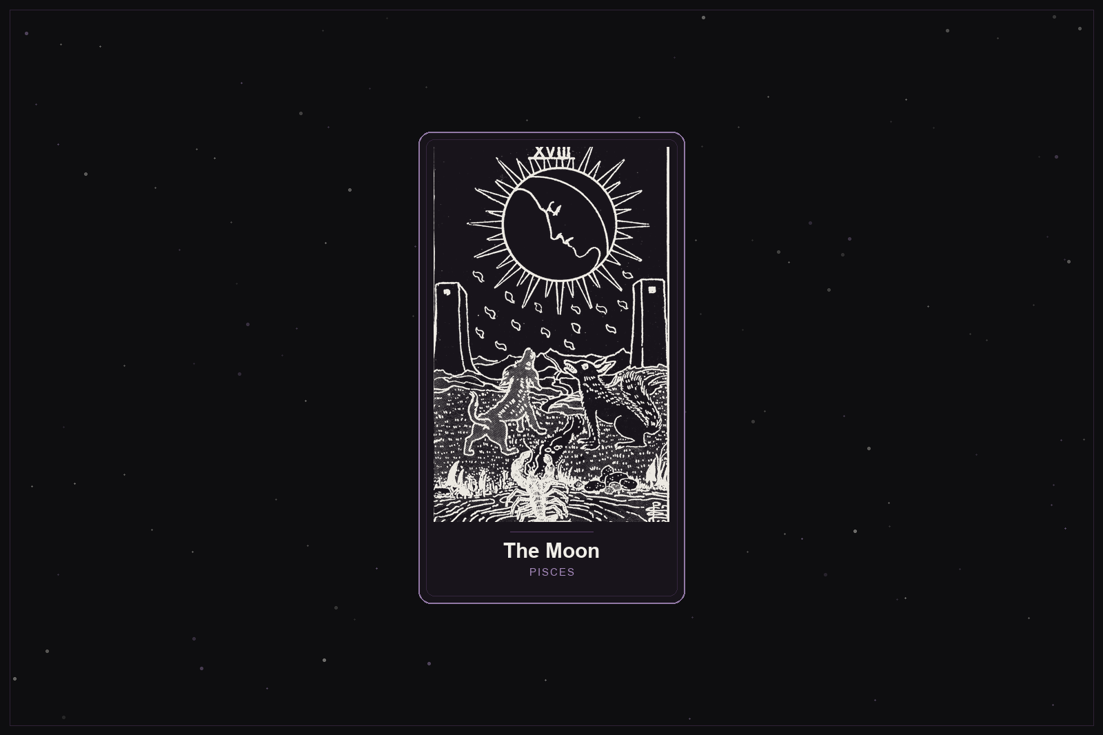 The Moon tarot card in the Lunar Haus style: the classic Rider-Waite Moon rendered as off-white outlines on a dark, starlit card with a plum frame