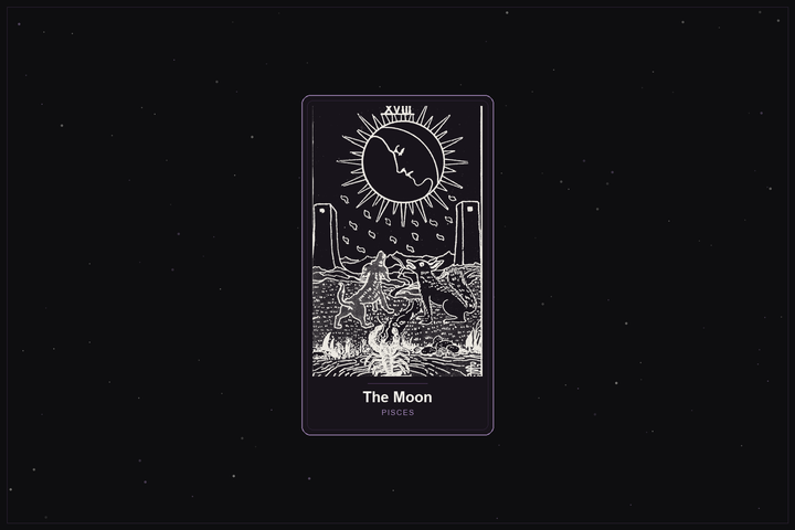 The Moon tarot card in the Lunar Haus style: the classic Rider-Waite Moon rendered as off-white outlines on a dark, starlit card with a plum frame