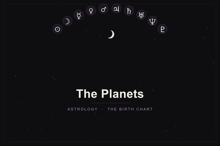 The planets in astrology: an arc of the ten planet glyphs and a crescent moon over a dark, starlit sky