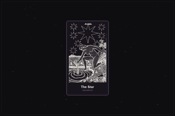 The Star tarot card in the Lunar Haus style: the classic Rider-Waite Star rendered as off-white outlines on a dark, starlit card with a plum frame